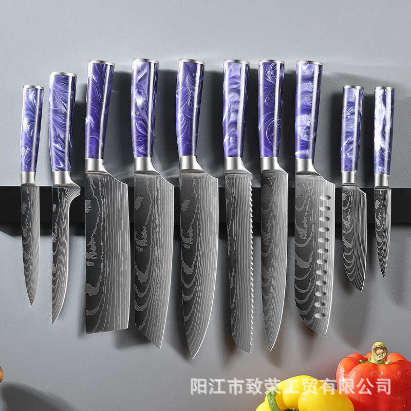 Resina roxa padrão de aço damasco 27cm faca de chef faca japonesa conjunto de 10 peças faca de cozinha