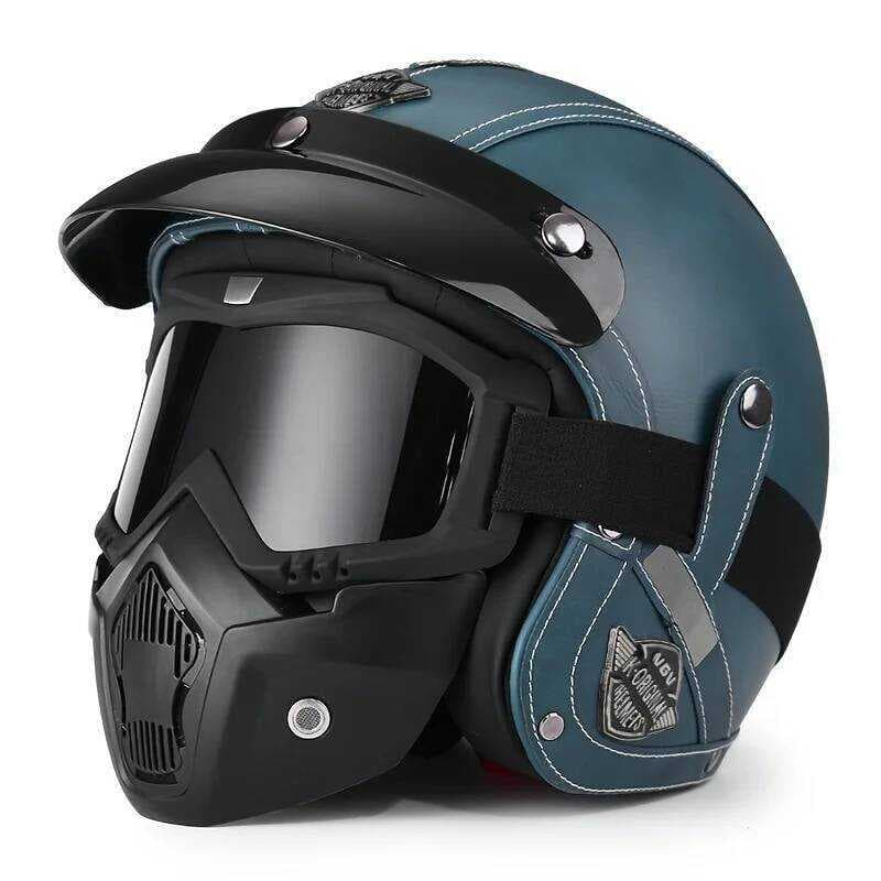 Retro Harley Motocicleta 555-Deep Azul Couro Máscara Facial Pára-Brisa Quatro Estações Cruzeiro Moto Três Qrters Capacet