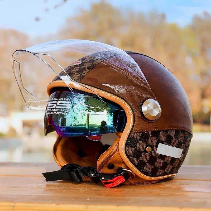 Capacetes De Motocicleta De Couro De Rosto Aberto Vintage Viseira Dupla Aprovado Pelo Ponto Retro 3/4 Jet Meio Capacete