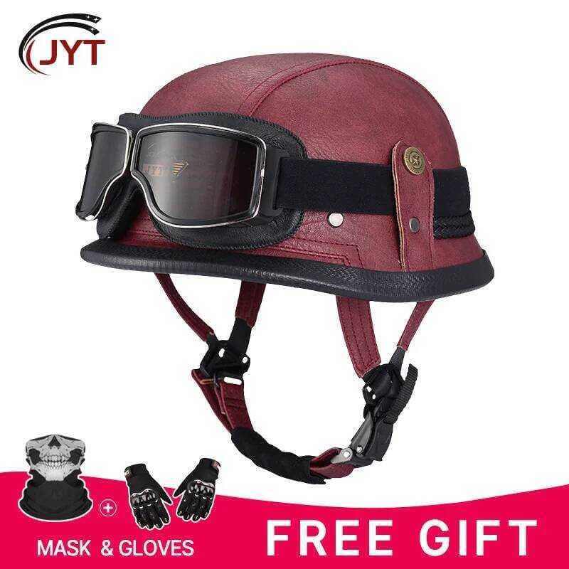 DOT Capacetes De Motocicleta Estilo Vermelho Alemão Couro Aberto Concha Retrô Meia Face Capacete Com Para Homens E Mulhe
