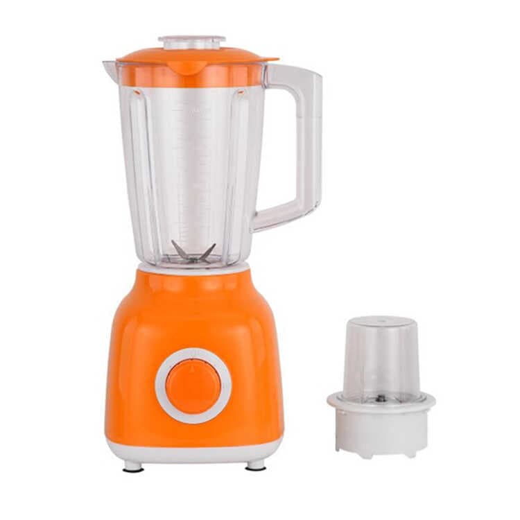 Liquidificador elétrico laranja com jarro transparente e botão de controle, fundo branco