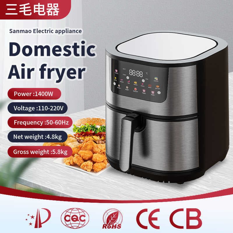 Fritadeira de ar elétrica doméstica Sanmao, 12L, 110V-220V, 1400W, com display digital, preto e prata