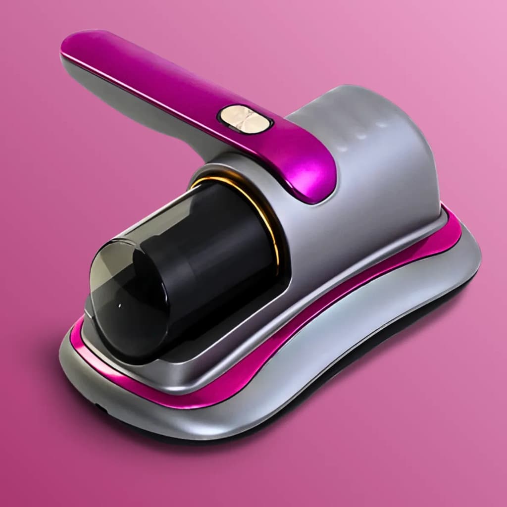 Aspirador sem fio UV portátil em fundo rosa, com detalhes em cinza e rosa.