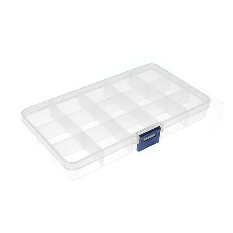 Caixa utilitária transparente com 15 compartimentos e fecho azul.