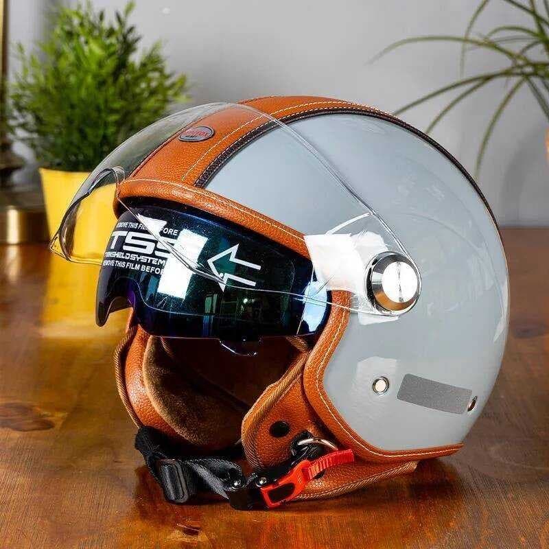 Jet DOT Aberto Masculino Feminino Retro 3/4 Couro Capacetes Da Motocicleta Cafe Racer Meia Face Capacete De Moto