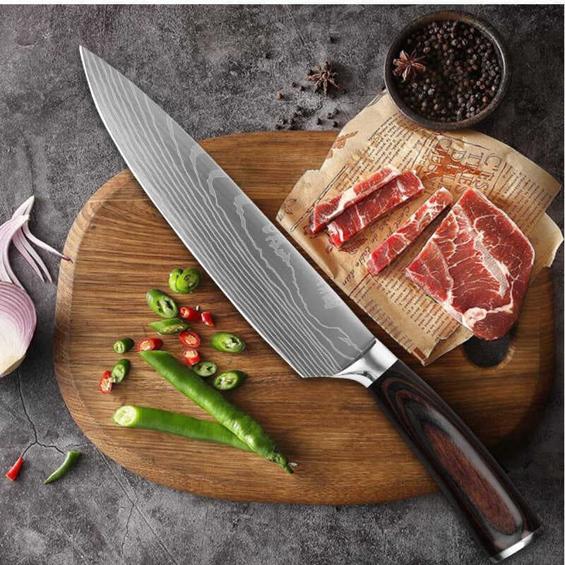 Faca de chef ocidental com design japonês, aço inoxidável, padrão damasco, cabo preto e madeira