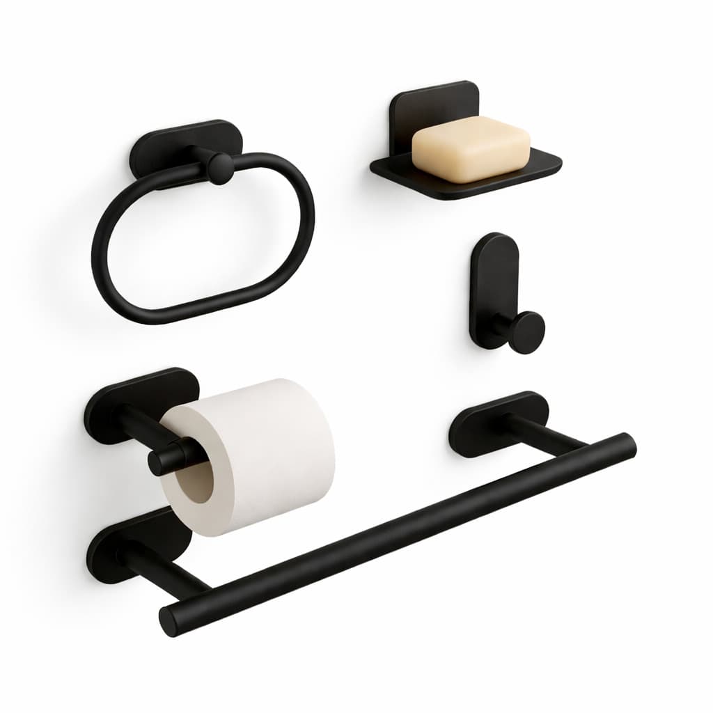 Kit Acessórios para Banheiro Preto em Aço Inox – 5 Peças | Instalação Adesiva Sem Furo