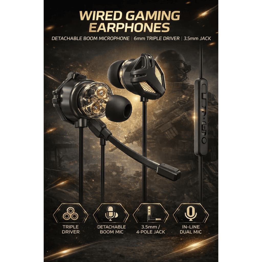 Fones de ouvido para jogos com fio SKY com microfone boom destacável, design triplo driver, 3.5mm, 4-pole jack, in-line dual mic, preto e dourado