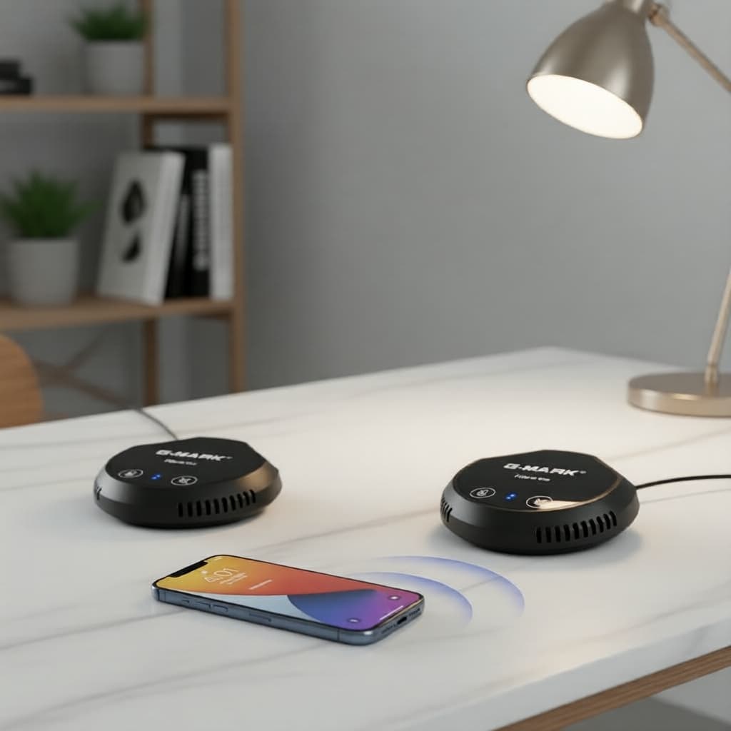Microfones USB G-MARK cilíndricos pretos sobre mesa branca com smartphone em primeiro plano
