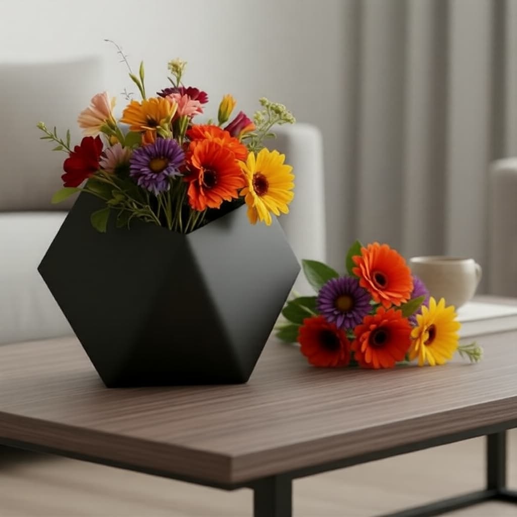 Vaso de parede preto hexagonal com arranjo de flores coloridas em uma mesa de centro.
