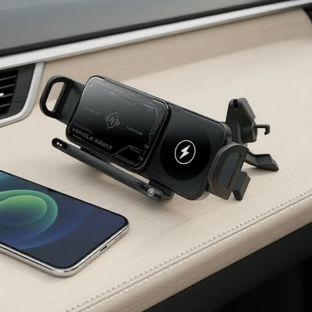 Suporte de telefone para carro com carregamento sem fio Qi, preto, em suporte de carro com smartphone à esquerda