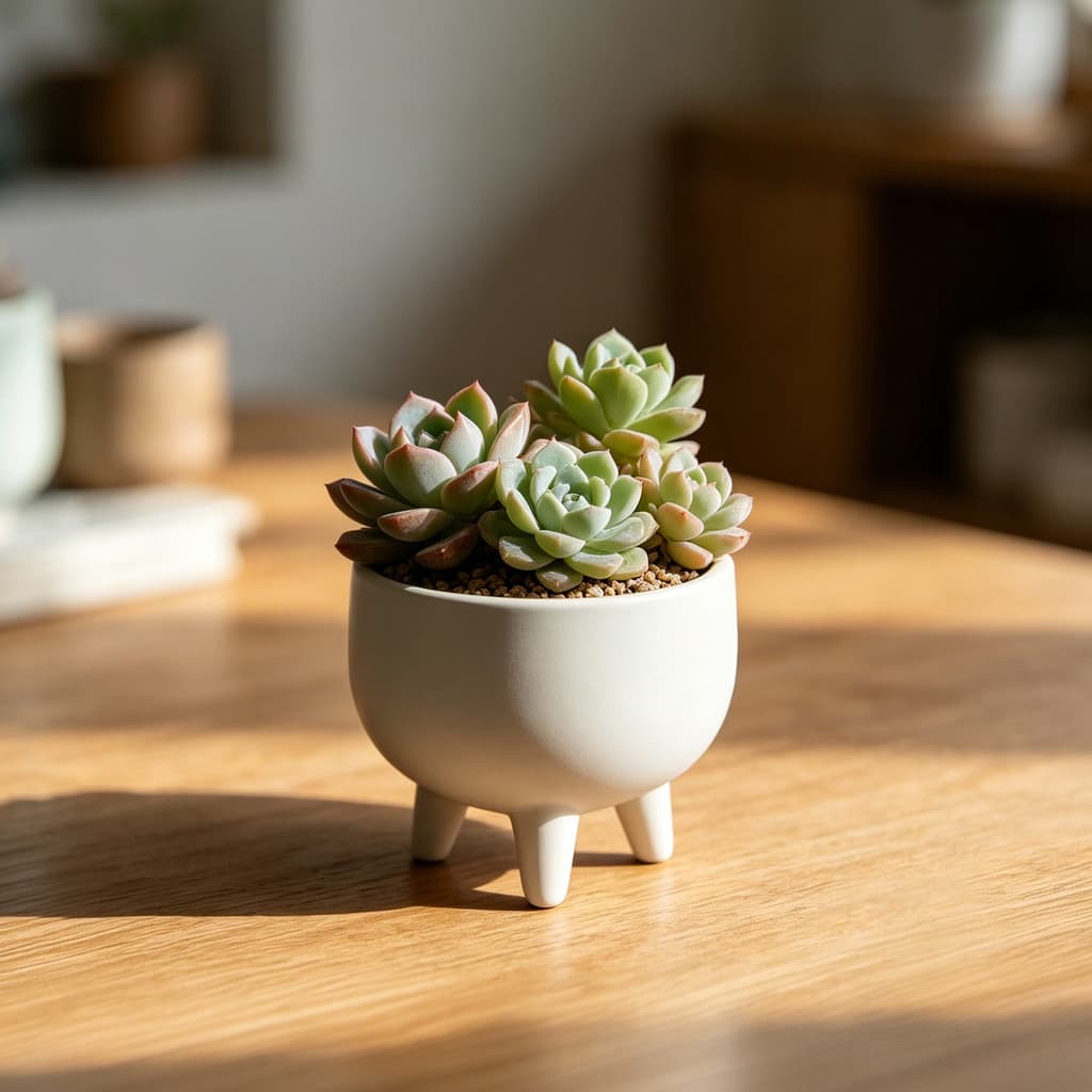 Vaso branco com suculentas em miniatura em uma mesa de madeira
