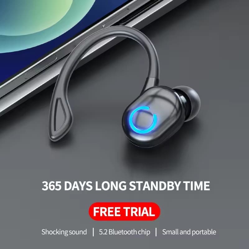Fones de ouvido Bluetooth sem fio para esportes, cinza e azul, com luz indicadora e longa duração de bateria.
