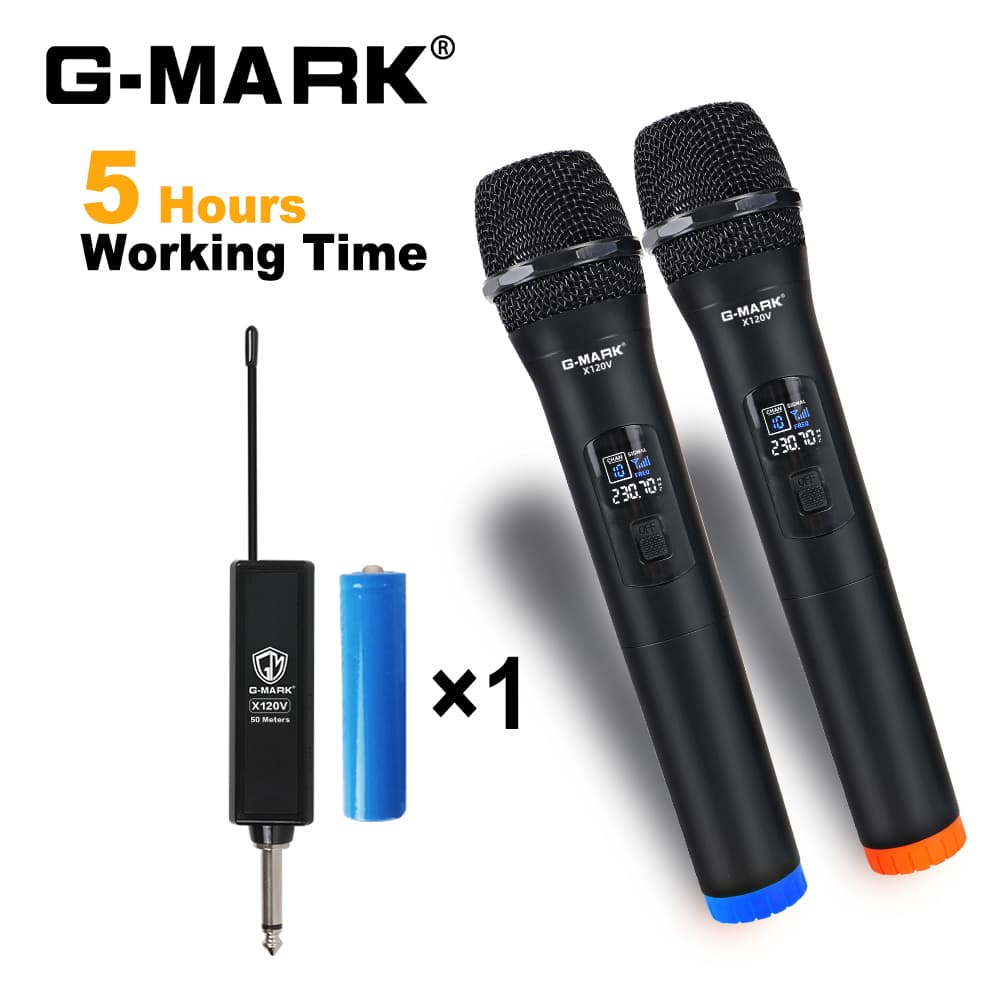 Microfones sem fio G-MARK com receptor e bateria, tempo de funcionamento de 5 horas