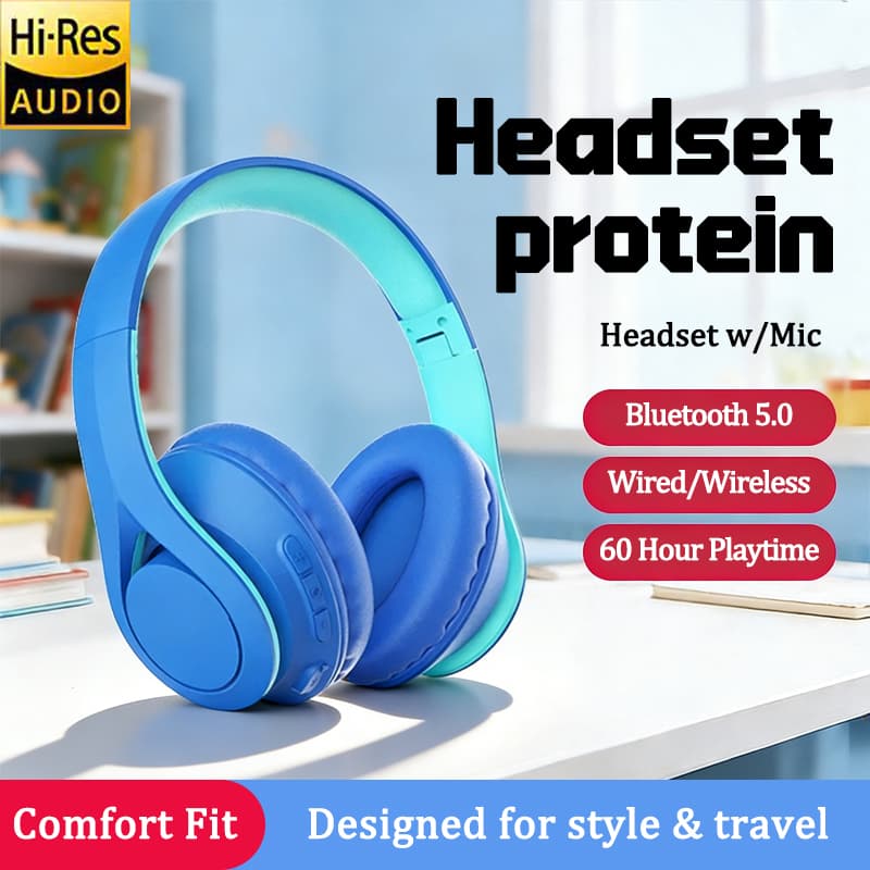 Fone de ouvido Bluetooth sem fio azul e ciano, 60 horas de bateria, modo duplo, com microfone.