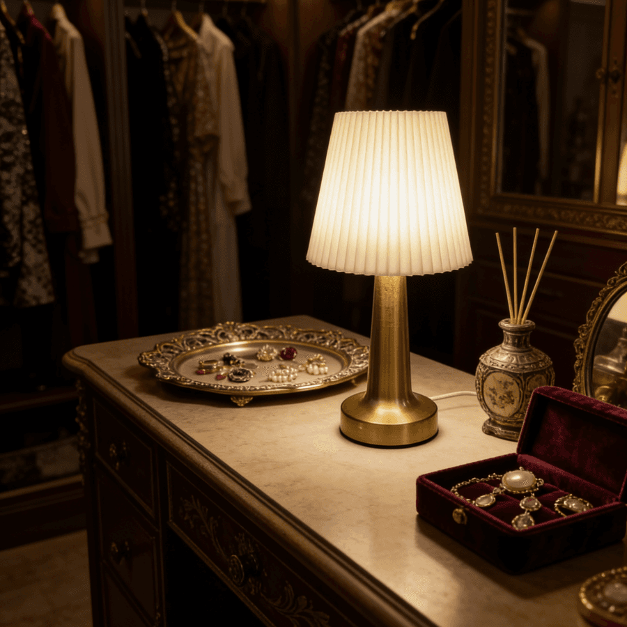 Luminária de mesa vintage com pregas estéticas iluminando uma mesa com fundo de armário de roupas
