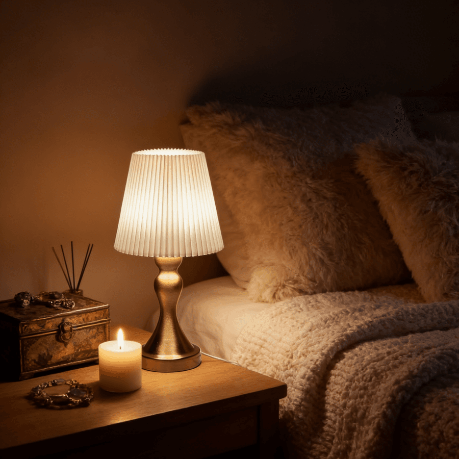 Luminária de mesa vintage com cúpula branca e base dourada, iluminando uma mesa de cabeceira com uma vela acesa.