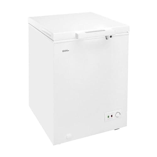 Freezer horizontal branco EOS 110L com controle frontal, porta de abertura frontal e visor de controle.