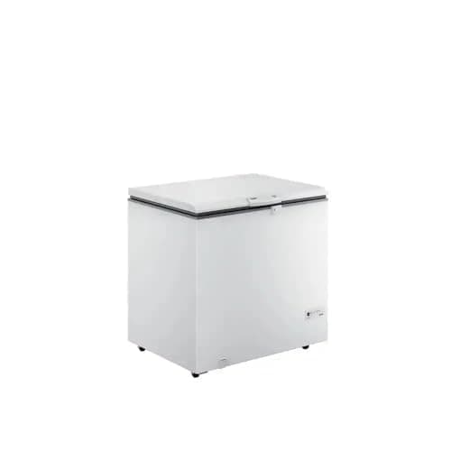 Freezer horizontal branco Consul 309L CHA31FB 110V com tampa preta e alças laterais, fundo branco.