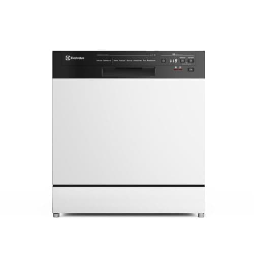 Lava-louça Electrolux branca com controles digitais e porta preta, fundo branco, display digital e botões de controle