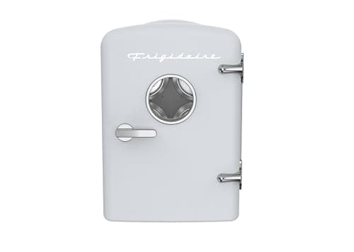 Frigidaire Mini refrigerador de geladeira pessoal branco, capacidade de 3,5 L para seis latas, incluindo plugues para saída de casa e carregador DC, 25 cm D x 18 cm L x 26 cm A