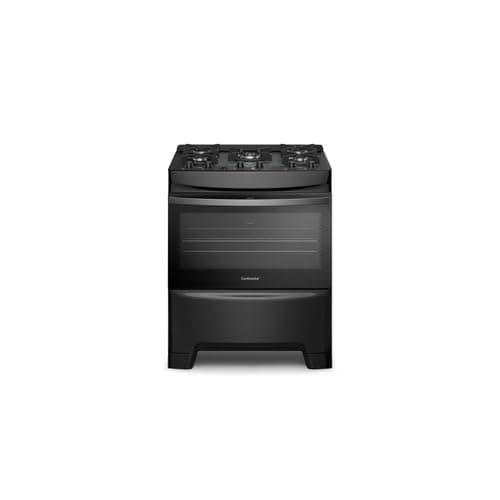 Fogão 5 Bocas Continental Preto com Mesa de Vidro, Forno Eco Turbo e Tripla Chama