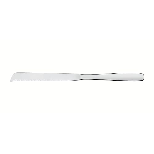 Faca de pão de aço inoxidável com cabo ergonômico, fundo branco, lâmina serrilhada.