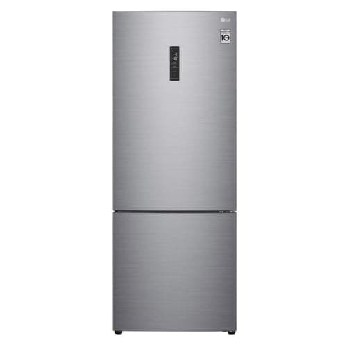 Refrigerador LG Bottom Freezer Inverse 451L Platinum, cor prata, vista frontal, portas duplas, sistema de congelamento inferior.