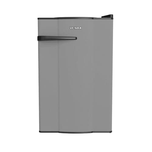 Geladeira vertical cinza Venax com porta de vidro e puxador preto