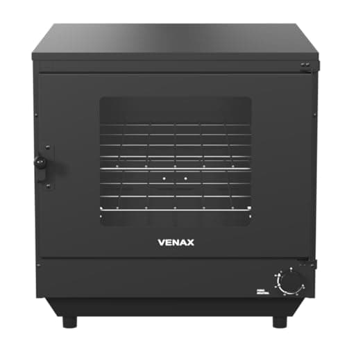 Forno industrial VENAX preto com porta aberta mostrando prateleiras internas