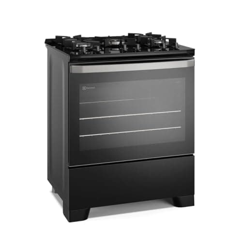 Fogão Electrolux 5 bocas preto com mesa de vidro e grades de ferro