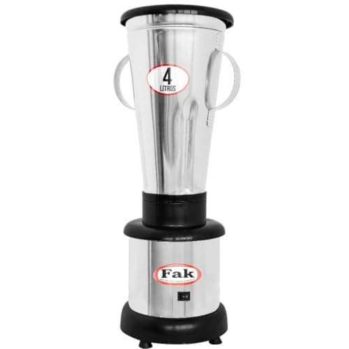 Liquidificador 4 Litros Baixa Rotação 220v Fak, jarra de aço inoxidável, base cinza e preta, logo Fak