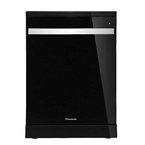 Lava-louças preto Panasonic NP-6M1MBKBRP com design moderno e elegante, porta fechada, fundo branco, logo Panasonic visível.