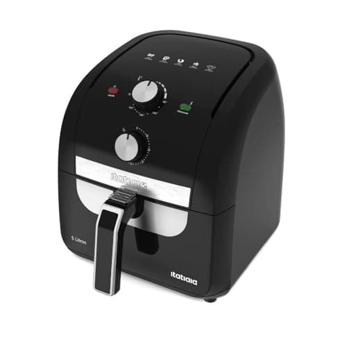 Fritadeira Air Fryer Itatiaia 5L 127V, preta, com controles rotativos e botão verde, em fundo branco