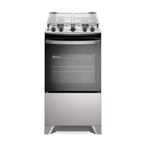 Fogão Electrolux 4 bocas com acabamento em aço inoxidável, forno com porta de vidro e queimadores superiores