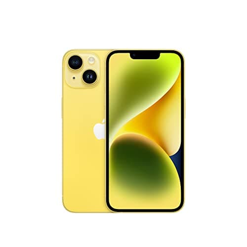 Apple iPhone 14 em cor amarela, lado traseiro com câmera dupla e logotipo da Apple
