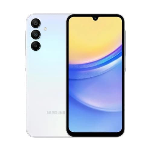 Imagem frontal do smartphone Samsung Galaxy A15 5G com 128GB e 4GB de RAM, cor azul claro com gradiente, câmera traseira quadrada com três lentes e flash, logotipo da Samsung no centro inferior, fundo branco.