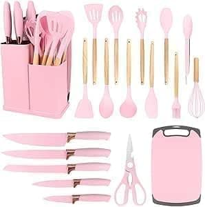 Kit Completo Jogo de Cozinha Luxo 19 Peças Com Tábua em Silicone Cabo Madeira Conjunto Completo Espátula Concha Colher Jogo Suporte Faca Antiaderente Tabua Tesoura Faqueiro PREMIUM (Cinza)
