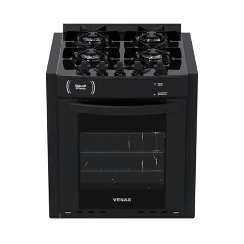 Fogao a gas de embutir preto com quatro queimadores, modelo Gaudi Prisma Vitreo Bl 4q, com logo VENAX.