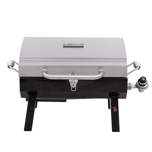 Grelha a gás portátil Char-Broil em aço inoxidável com tampa cinza e compartimento preto