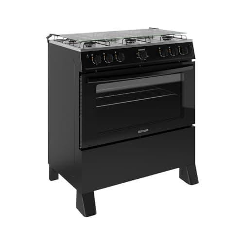 Fogão a gás Itatiaia 6 bocas com forno 82l, preto, ângulo frontal, fundo branco