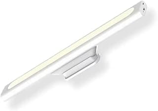 Luminária LED branca em formato de bastão, iluminada sobre fundo branco.