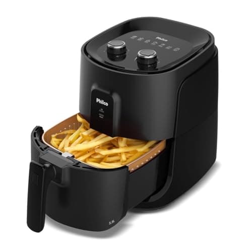 Fritadeira Air Fryer Philco 5,5L 1500W PAF55A com cesto quadrado preto aberta com batatas fritas
