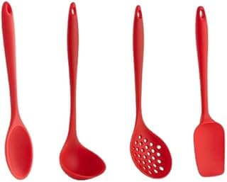 Kit de Colher, concha, espátula e escumadeira em silicone (Vermelho)