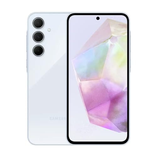 Smartphone Samsung Galaxy A35 5G branco com tela SuperAMOLED de 6.6 polegadas e 120Hz