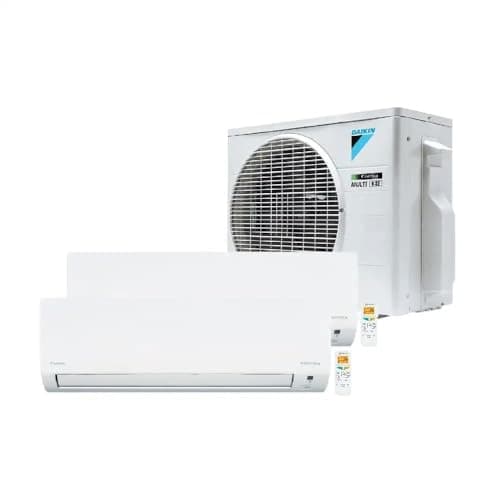 Ar condicionado bi-split Daikin Lite Smart, compressor externo e unidades internas brancas, fundo branco