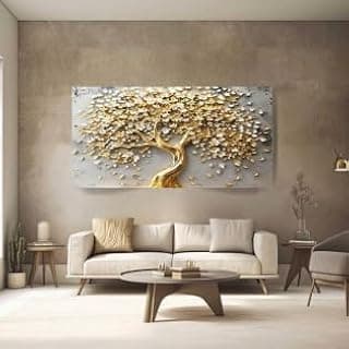 Quadro decorativo árvore da vida em ouro e cinza, 100x70 cm, para sala de estar