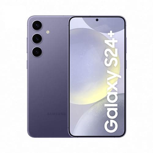 Smartphone Samsung Galaxy S24+ violeta com câmeras triplas e texto na tela