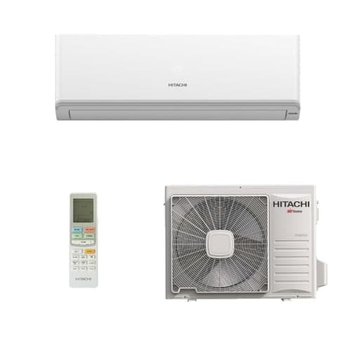 Ar-condicionado split Hitachi AirHome 600 com compressor e controle remoto, ambos brancos, fundo branco.