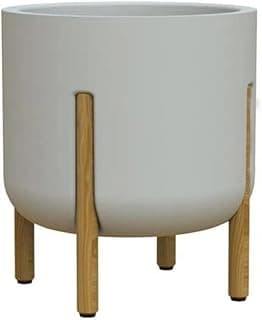 Vaso cilíndrico de decoração off-white com pés de madeira